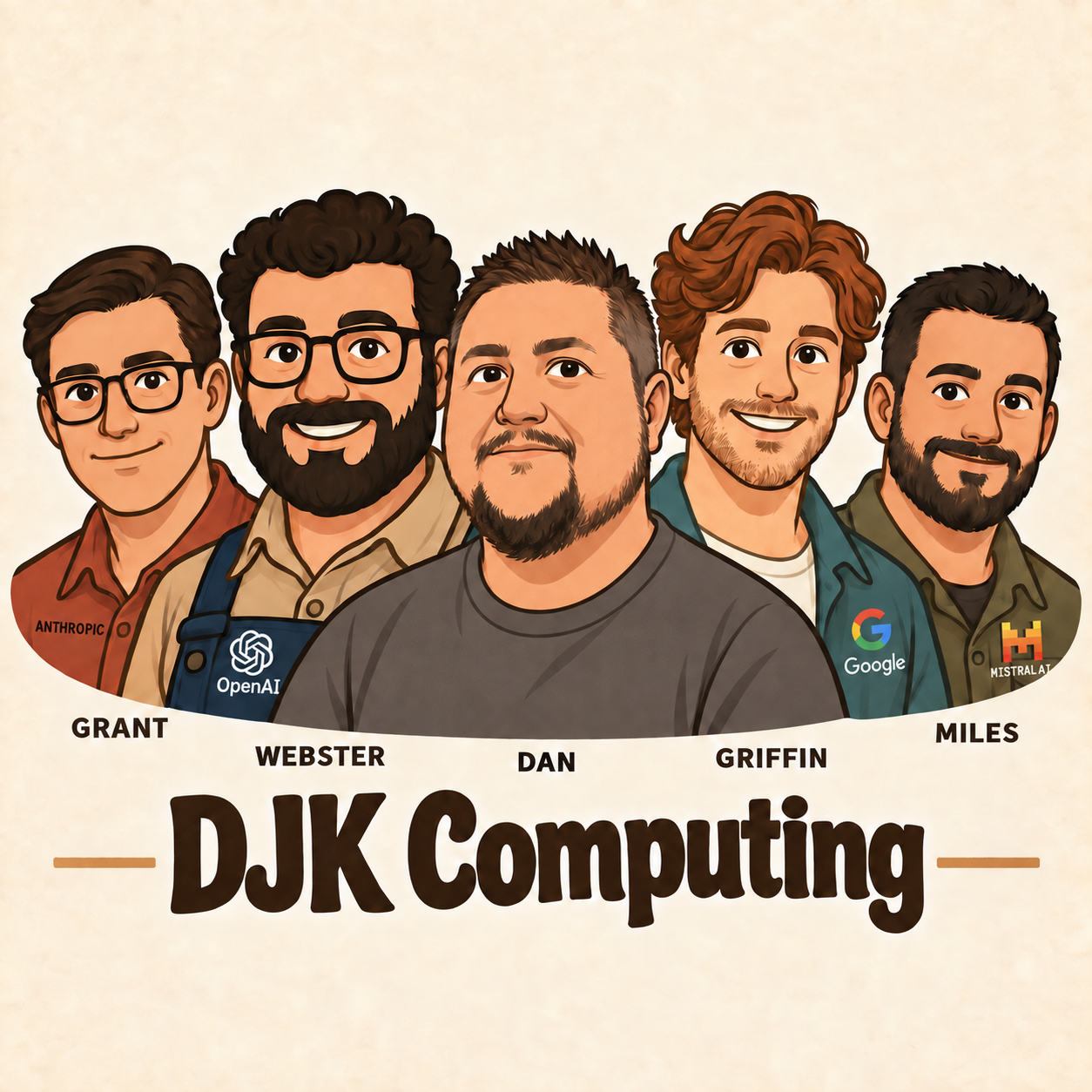 DJK Computing team: Grant, Webster, Dan, Griffin and Miles, with their AI vendor logos